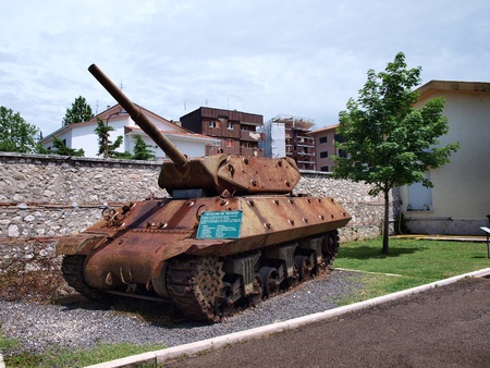 A tank at the memorial centre Historiale di Cassino, in Cassino, Italy, a multimedia museum to commemorate the battle at Monte Cassino during the Second World War.のeditorial素材