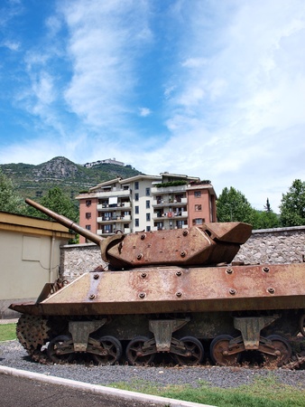 A tank at the memorial centre Historiale di Cassino, in Cassino, Italy, a multimedia museum to commemorate the battle at Monte Cassino during the Second World War.のeditorial素材