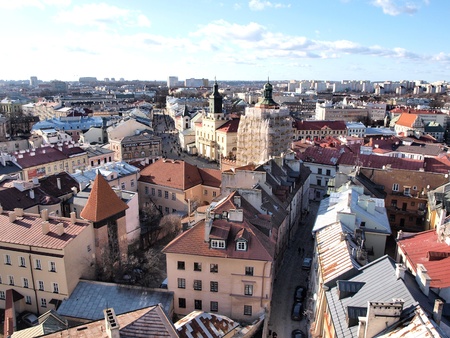 Panoramic view of the old town of Lublin seen from the top of the Trynitarska Tower, Lublin, Polandのeditorial素材