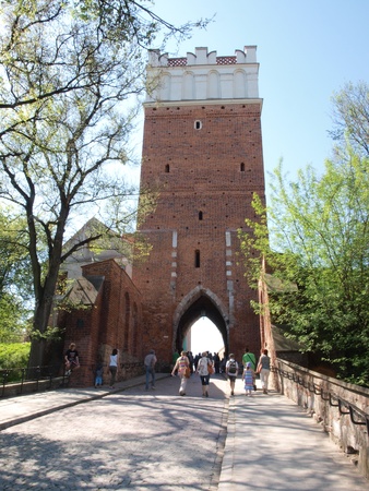 The famous Opatowska Gate, the entrance to the Old Town, Sandomierz, Poland, May 1st 2012.のeditorial素材