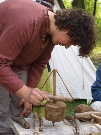 Old wooden drill to make holes as it was used by the medieval Slavsのeditorial素材