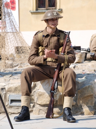A soldier in the Polish II Corps uniform as used during the battle of Monte Cassino in 1944.  Historical picnic Memorial of Polish II Corps, Lublin, Poland, May 12th 2013のeditorial素材