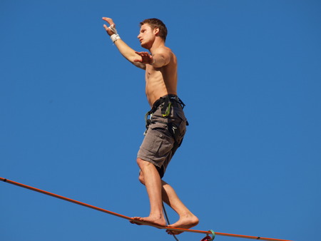 A slackliner at the Festival of Circus Art in 2015 Lublin, Polandのeditorial素材