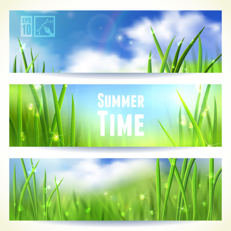 Set of Horizontal Banners with Grass and Skies. Vector illustration.のイラスト素材