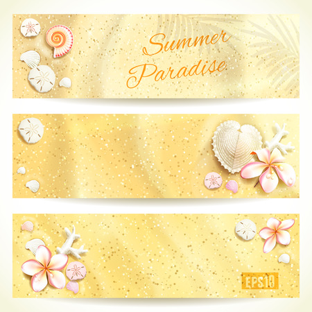 Set of Horizontal Banners with Sand and Seashells. Vector illustration, eps10, editable.のイラスト素材