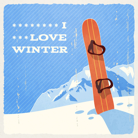 Retro Winter Landscape with Snowboard. のイラスト素材