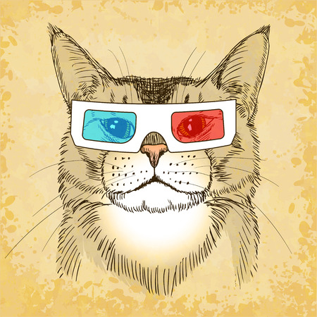 Hand Drawn Cat with 3d Glasses. のイラスト素材