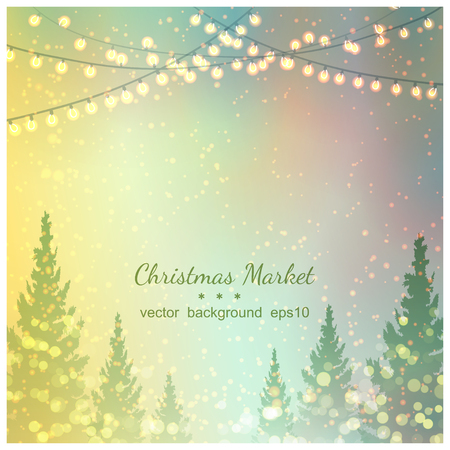 Christmas background with fir trees and christmas lights. のイラスト素材