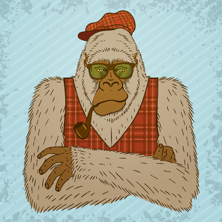 Melancholic Yeti with Smoking Pipe, Tartan Waistcoat and Hat. のイラスト素材