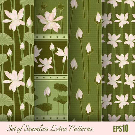 Set of Seamless Lotus Flowers Patterns. Vector illustration, eps10.のイラスト素材
