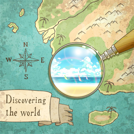 magnifier showing beautiful nature on the old map, vector illustration, のイラスト素材