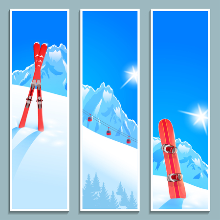 Set of banners with sunny winter landscape, vector illustration.のイラスト素材