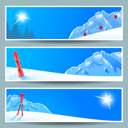 Set of banners with sunny winter landscape, vector illustration.のイラスト素材