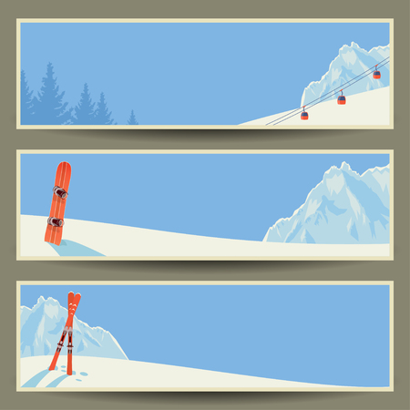 Set of banners with retro winter landscape, vector illustration,のイラスト素材