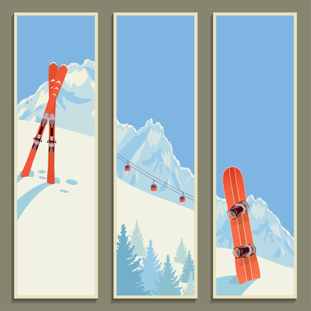 Set of banners with retro winter landscape, vector illustration.のイラスト素材