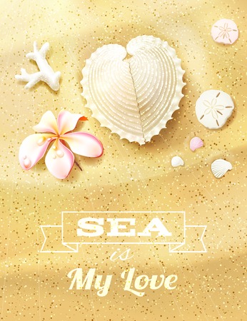 Sunny Dunes with Heart Shaped Seashell, Sand Dollars and Flower. Vector illustration, eps10, editable.のイラスト素材