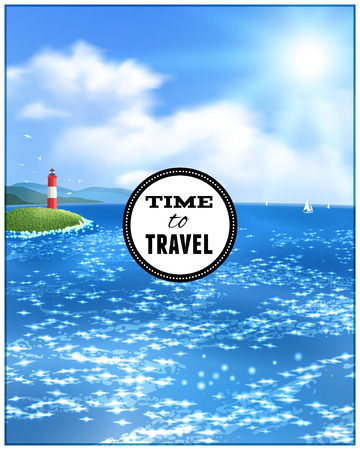 Sunny Seascape with Lighthouse on Coast. Vector illustration.のイラスト素材