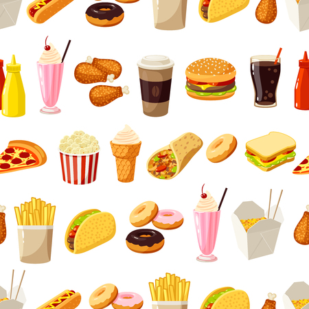 Seamless pattern with cartoon fast food. Vector illustration, .のイラスト素材