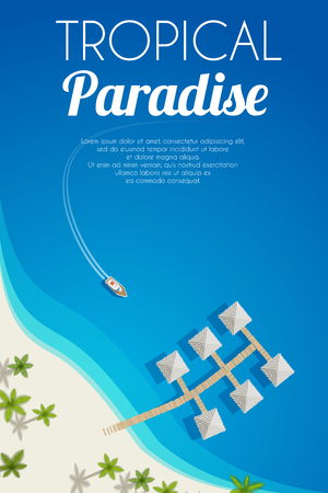 Sunny summer beach background with palms and bungalows. Vector illustration, .のイラスト素材