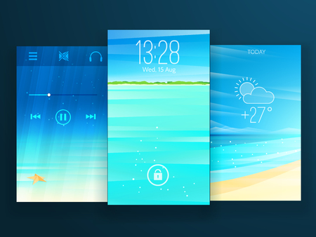 Mobile interface wallpaper design with sea views - underwater, tropical island and seaside. Vector illustration,のイラスト素材