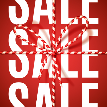 "Sale" sign in Christmas colors, tied as a gift with bow-knot of red and white twisted cord. Vector illustration, .のイラスト素材