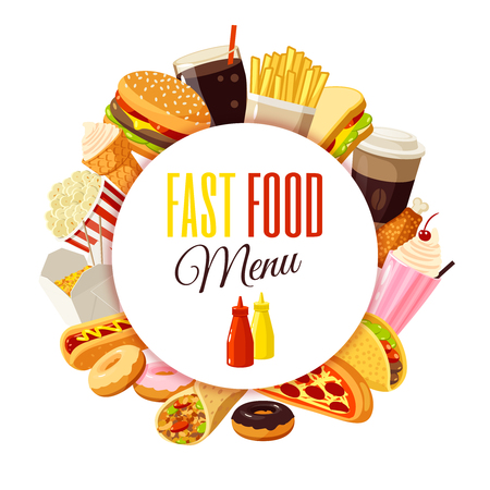 "Fast food menu" label with hamburger, french fries, coffee, sandwich, popcorn, ice cream, pizza, taco and so. Vector illustration, isolated on white,のイラスト素材