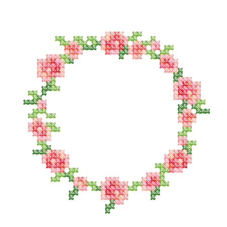 Cross-stitch embroidery, vintage styled floral frame with pink roses and leafs. Vector illustration isolated on white.のイラスト素材