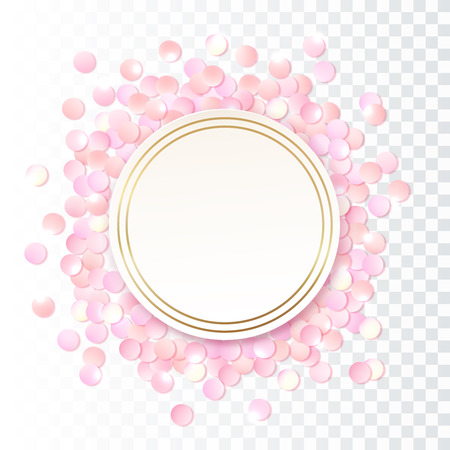 Pink realistic round confetti frame, design template for gift, certificate, voucher, AD brochure and so. Colorful vector illustration isolated on transparent background.のイラスト素材