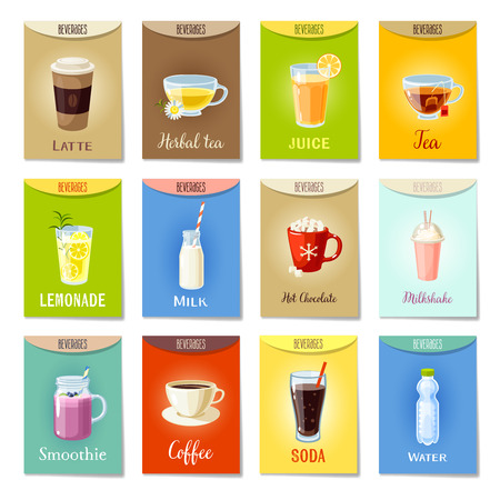 Set of AD-cards/banners/tags/package labels with cartoon beverages: latte/herbal tea/juice/tea/lemonade/milk/hot chocolate/milkshake/smoothie/coffee/soda/water. Colorful vector illustration.のイラスト素材