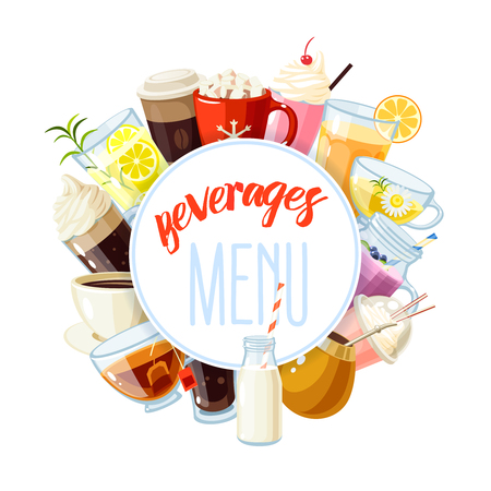 Round label with non-alcoholic beverages - tea, hot chocolate, latte, coffee, smoothie, juice, milkshake, lemonade and so. Design template, frame, banner. Vector illustration, isolated on white, eps 10.のイラスト素材