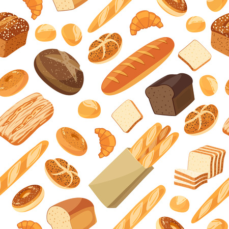 Seamless pattern with cartoon food: bread - rye bread, ciabatta, wheat bread, whole grain bread, bagel, sliced bread, french baguette, croissant and so. Vector illustration, isolated on white, eps 10.のイラスト素材