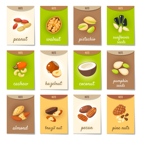 Set of AD-cards (banners, tags, package) with cartoon nuts - hazelnut, almond, pistachio, pecan, cashew, brazil nut, walnut, peanut, coconut, pumpkin seeds, sunflower seeds and pine nuts. Vector art.のイラスト素材