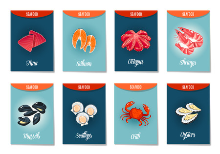 Set of AD-cards (banners, tags, package) with cartoon sea food - tuna, salmon, octopus, shrimps, mussels, scallops,crab and oysters. Vector illustration, isolated on white, eps 10.のイラスト素材