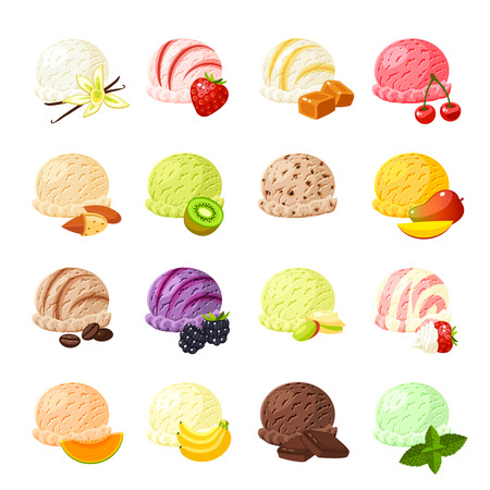Set of cartoon food: ice cream with different flavours - vanilla, strawberry, caramel, cherry, banana, kiwi, mango, coffee, blackberry, chocolate and so. Vector illustration, isolated on white.のイラスト素材