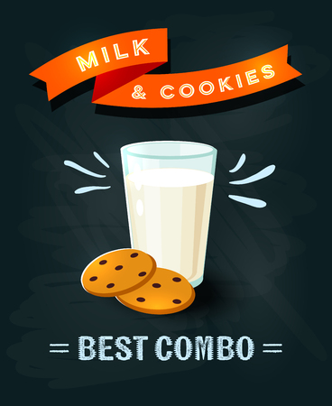 Best combo - chalkboard restaurant sign. Chalk styled poster with glass of milk and cookies. Vector illustration, eps10.のイラスト素材