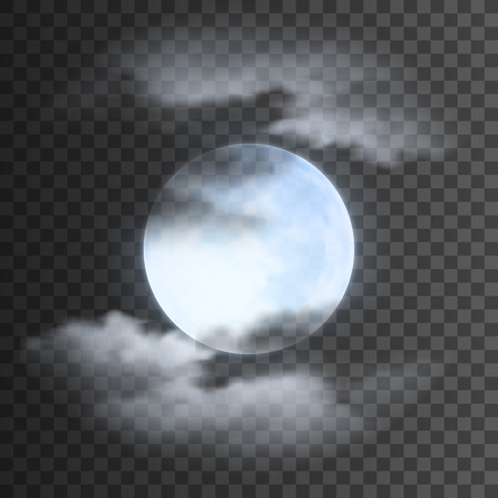 Realistic detailed full blue moon with clouds isolated on transparent background. Eps10 vector illustration, easy to use.のイラスト素材