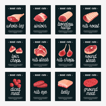 Set of meat cuts assortment tags - beef/pork/lamb/round steak/boneless rump/whole leg/rib roast/loin and rib chops/rustic belly/ground meat/diced meat. Design template labels. Isolated on white.のイラスト素材