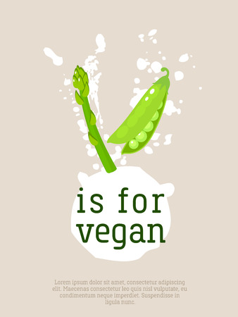 V is for vegan. Poster with letter V made from vegetables - asparagus and pea - and blots and stains. Design template for banner/poster/brochure. Vector illustration eps10.のイラスト素材