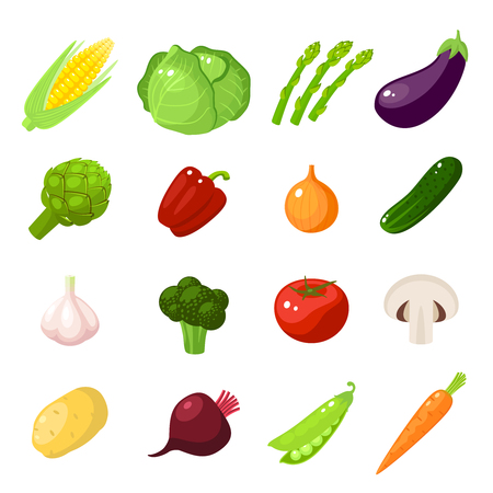 Set of cartoon food: vegetables - corn, cabbage, asparagus, eggplant, carrot, bell pepper, onion, cucumber, garlic, broccoli, tomato, mushroom, potato and so. Vector illustration, isolated on white.のイラスト素材