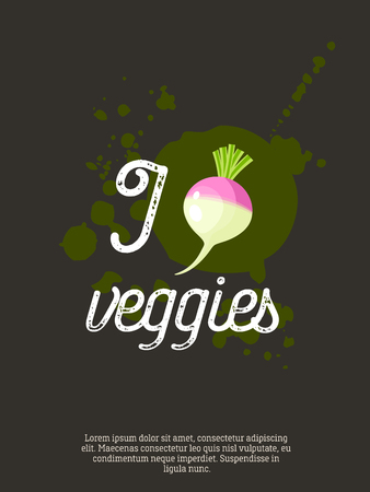 I love veggies - motivation poster with lettering, blots and turnip. Vector illustration, eps10.のイラスト素材
