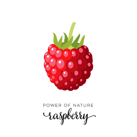 Red raspberry berry flat icon with inscription colorful vector illustration of eco food isolated on white.のイラスト素材