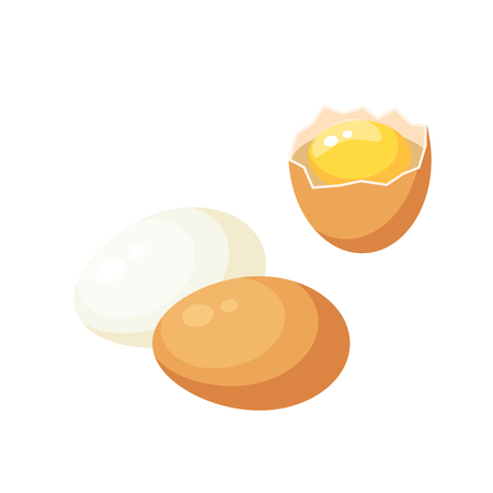 set of white and brown egg, breaked egg with yolk. Vector illustration flat icon isolated on white.のイラスト素材