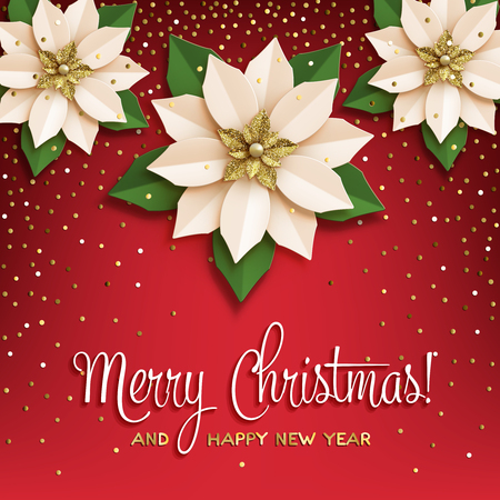 Christmas star. Poster with paper poinsettia white with gold flower with inscription on red with gold confetti. Vector illustration icon.のイラスト素材