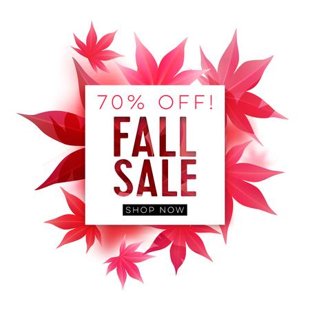 Fall sale. Realistic autumn maple leaves with text. Momiji. Vector illustration isolated on white.のイラスト素材