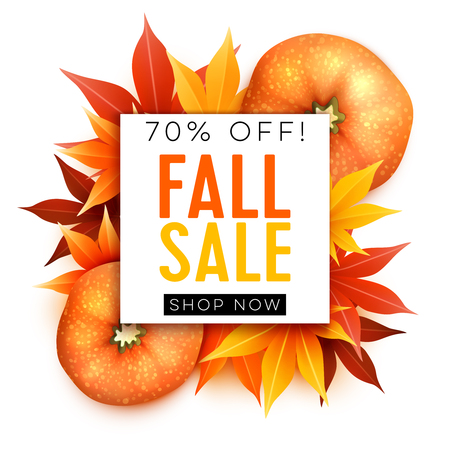 Fall sale. Realistic autumn maple leaves and pumpkin with text. Vector illustration isolated on white.のイラスト素材