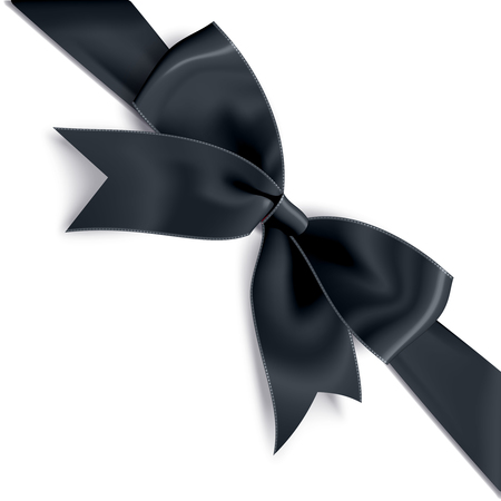 Realistic satin black bow knot on ribbon. Vector illustration icon isolated on white.のイラスト素材