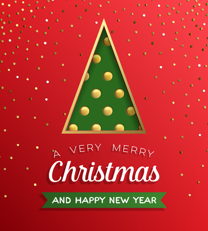 Poster with triangle fir tree with golden balls, with confetti and inscription on red. Vector illustration icon.のイラスト素材