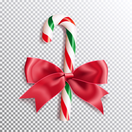 Realistic christmas candy cane with red satin bow knot. Vector illustration icon isolated.のイラスト素材