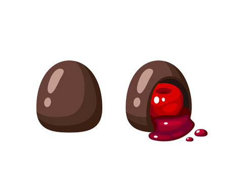 Chocolate covered bonbon filling cherry liquor. Vector illustration candy flat icon isolated on white background.のイラスト素材