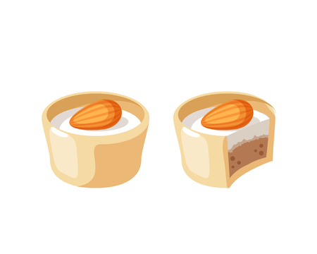 White chocolate covered bonbon filling almond nougat. Vector illustration candy flat icon isolated on white  background.のイラスト素材